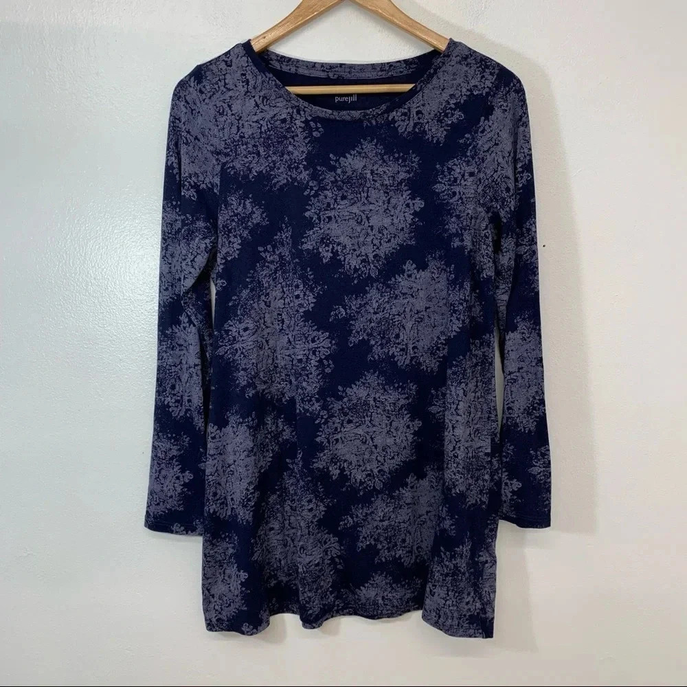 J Jill Super Soft‎ Tunic Small Blue Print Long Sleeve Pima Cotton Modal Work